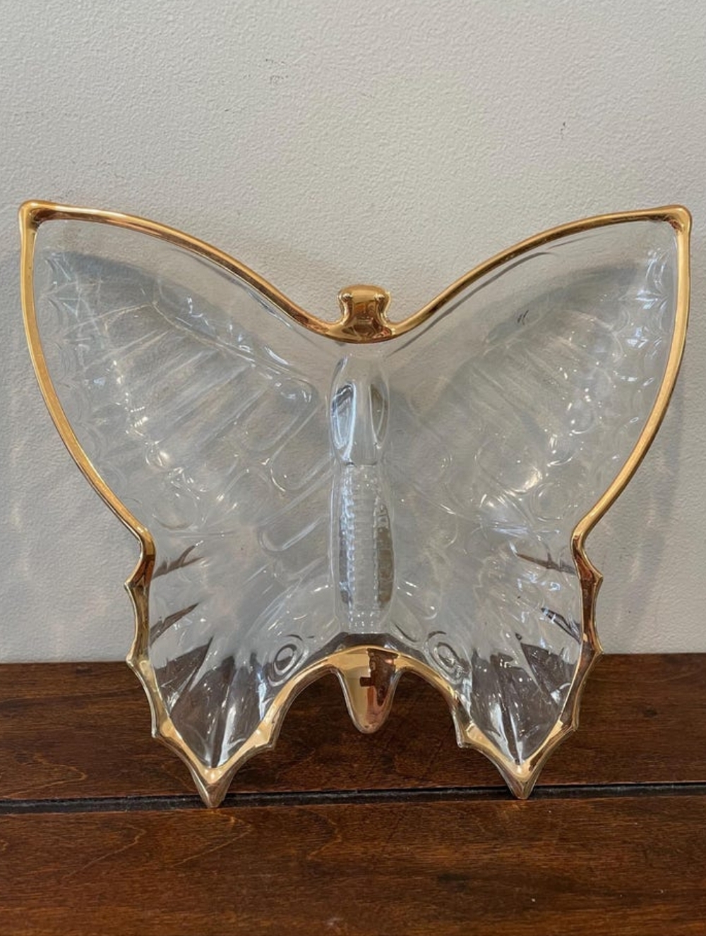 Vintage Janette Clear Glass 8" Butterfly Candy Dish with 22k Gold Trim.